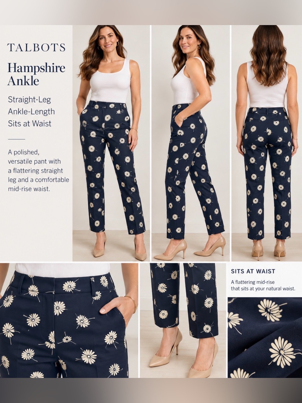 Talbots Navy Straight-Leg Ankle Pants with Cream Daisy Print